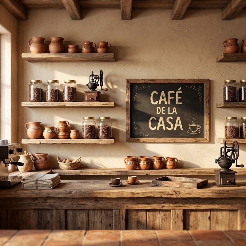 Barra con molino, jarritos y pizarra Café de la casa