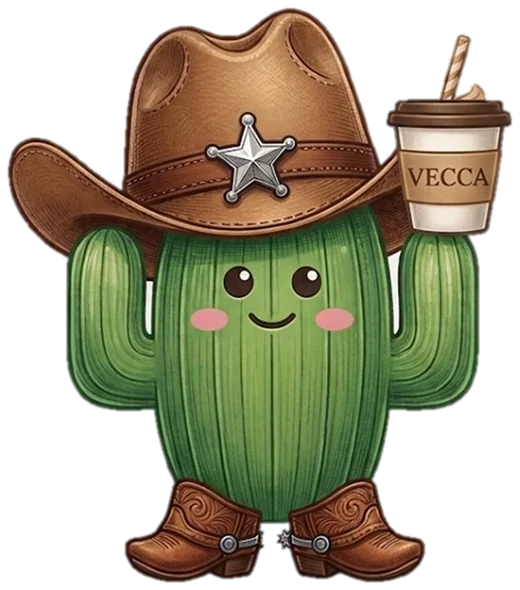 Mascota de VECCA: cactus vaquero con sombrero, botas y su café VECCA