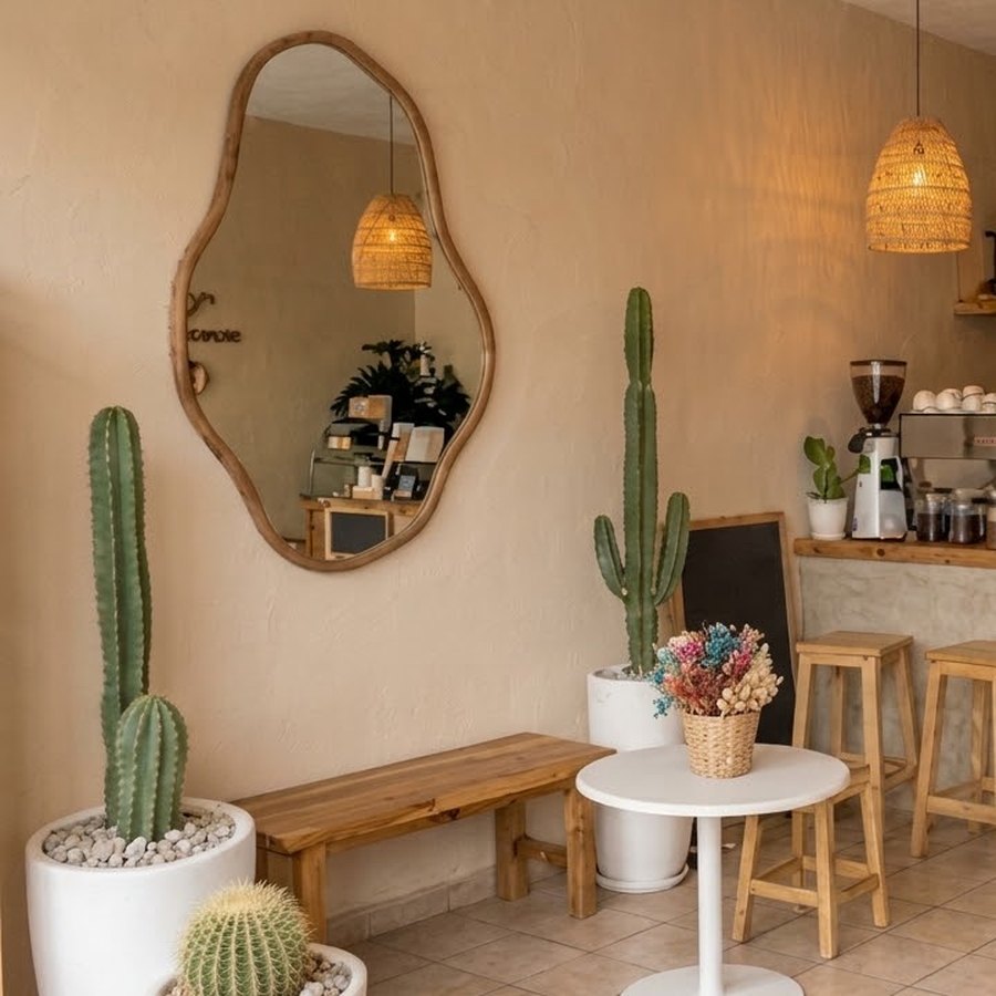 Espejo de forma orgánica rodeado de cactus