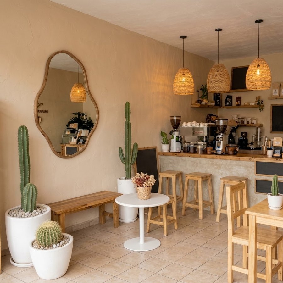 Interior de VECCA: espejo orgánico, cactus, lámparas de ratán y barra de café