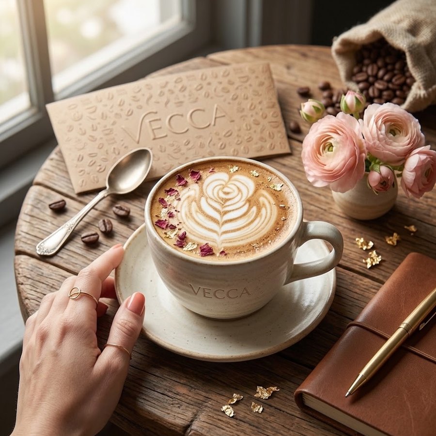 Latte con arte de corazón en taza VECCA sobre mesa de madera
