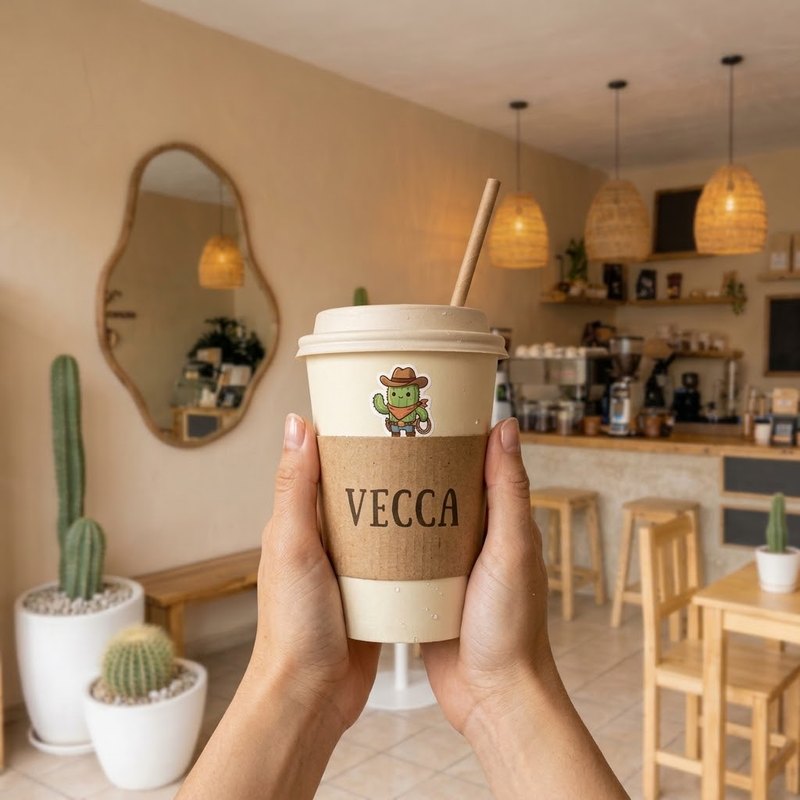 Manos sosteniendo un vaso VECCA con el cactus en la manga